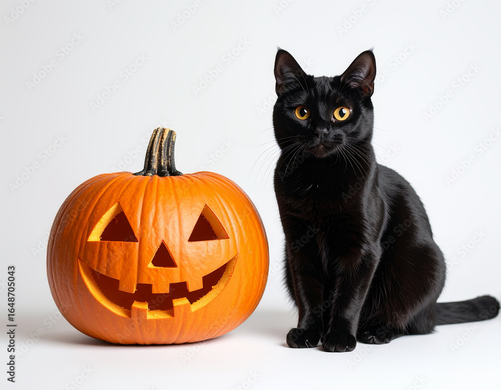 Fototapeta premium Black Cat with Carved Jack-O’-Lantern on White Background, Copy Space