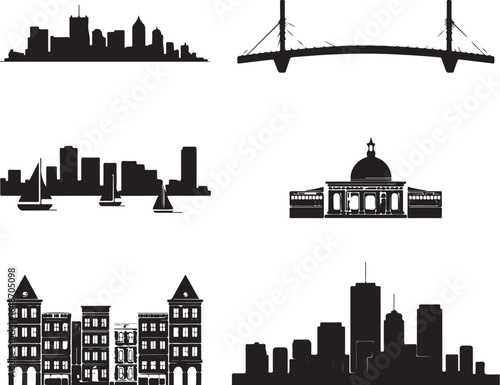 Boston city skyline silhouette collection of iconic landmarks