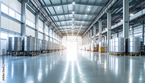 Industrial Warehouse Interior with Large Metal Tanks and Bright Lighting