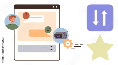 Messaging app window, user chat bubbles, automation gear and bot, up and down arrows, star icon. Ideal for automation, AI, chatbots feedback efficiency communication UI design. A simple flat