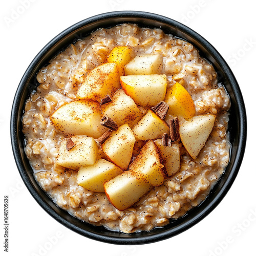 Top view of apple cinnamon oatmeal in a dark bowl, studio shot, isolated on a white transparent background