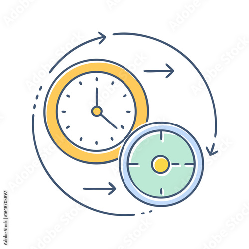 Process of task management with the passage of time, arrows and clocks