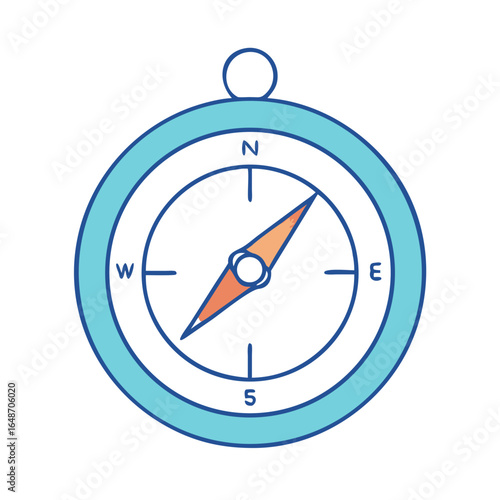 Compass illustration with a blue casing and orange needle pointing north