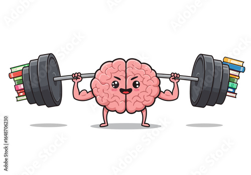 Cartoon Brain Lifting a Barbell Weighted with Books