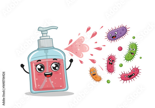 Cartoon Hand Sanitizer Dispensing Liquid to Kill Bacteria