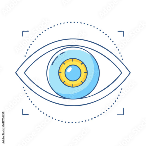 Stylized blue eye with golden iris surrounded by detection grid graphic