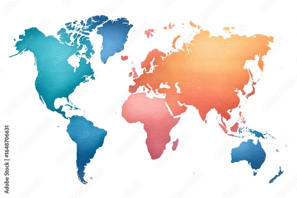 Obraz premium Colorful watercolor world map showing continents and oceans