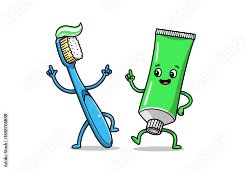 Cartoon Toothbrush with Toothpaste and Smiling Toothpaste Tube Character