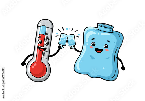 Cartoon Thermometer and Hot Water Bottle Toasting with Drinks