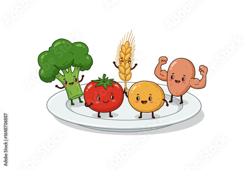 Cartoon Vegetables and Grain on a Plate: Broccoli, Tomato, Wheat, Potato, and Pancake