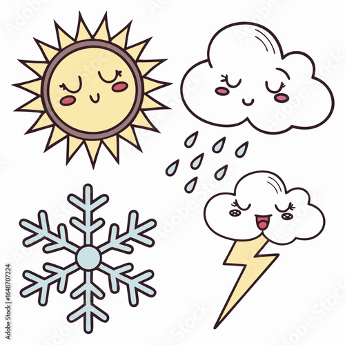 Charming weather icon sticker set featuring sleepy expressions and bold cmyk colors perfect for digital and print applications