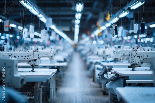 A textile factory with rows of sewing machines under bright lights An AI system is adjusting machine settings for optimal stitching The mood feels smooth, Generative AI