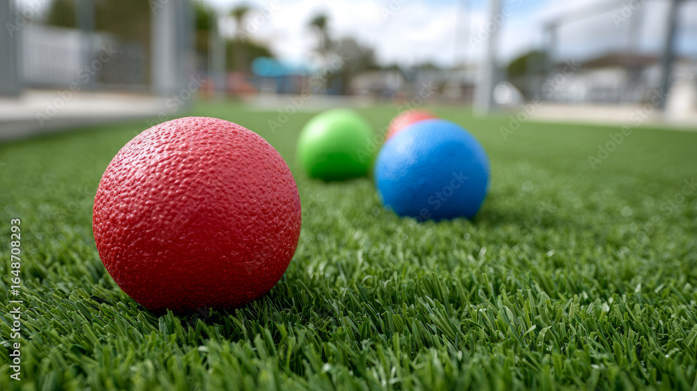 Naklejka premium Colorful balls on a grassy field in a playground setting.