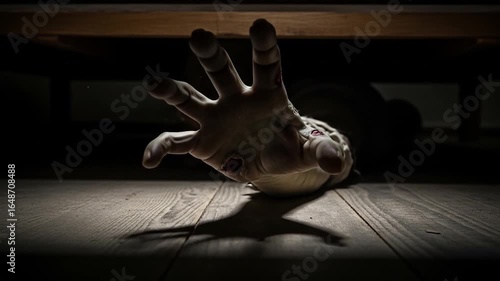 Horrifying Undead Hand Reaching From Underneath a Bed: A Spooky Halloween Scene