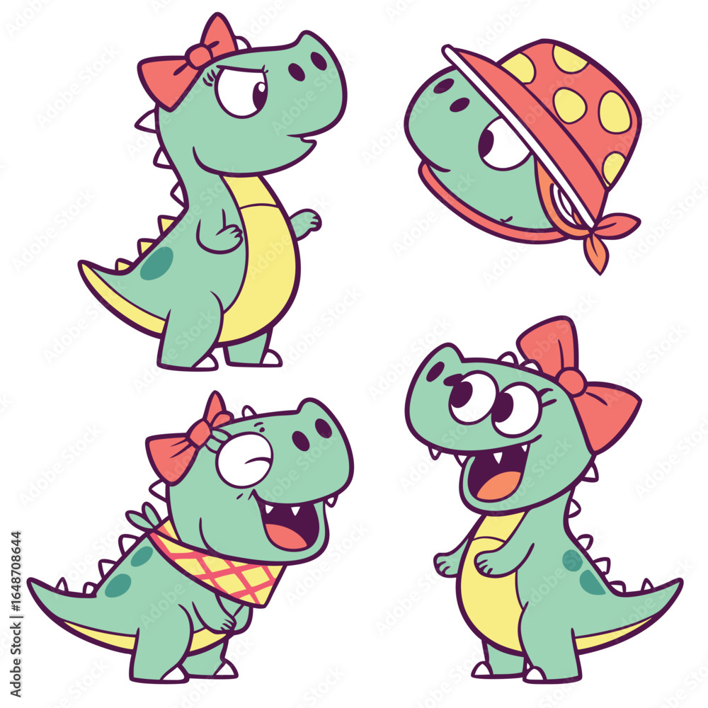 Naklejka premium Adorable baby dinosaur cartoon sticker collection featuring fun and playful designs for various applications and themes