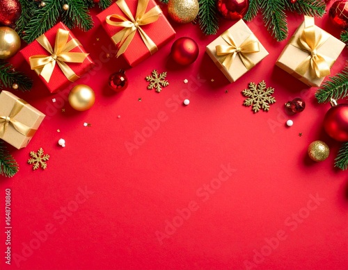 Flat lay Christmas background with red and gold ornaments, wrapped gift boxes with golden ribbons, glitter snowflake decoration, and pine branches on a red backdrop. Festive and elegant holiday compos