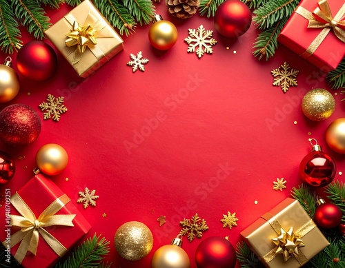 Flat lay Christmas background with red and gold ornaments, wrapped gift boxes with golden ribbons, glitter snowflake decoration, and pine branches on a red backdrop. Festive and elegant holiday compos