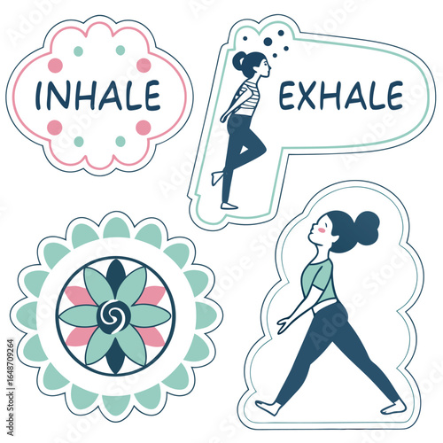 Serene yoga and breathwork sticker sheet featuring various meditative poses and inhale symbol for wellness and mindfulness promotion