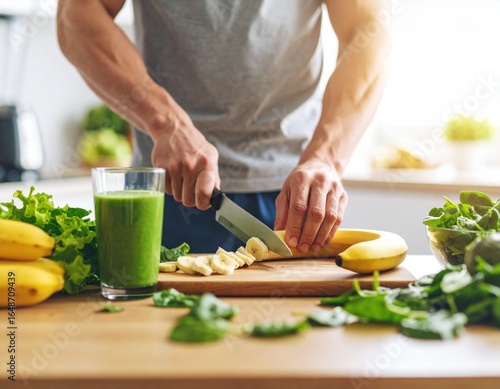 Muscular man preparing fresh green smoothie in kitchen