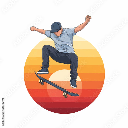 A skateboarder performing an ollie trick with circular sunset background, Semi-realistic vector illustration