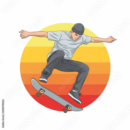 A skateboarder performing an ollie trick with circular sunset background, Semi-realistic vector illustration