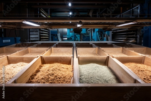 A woodworking factory with sawdust neatly collected in bins An AI system is optimizing cutting patterns to reduce waste The mood feels smart and practical, Generative AI 