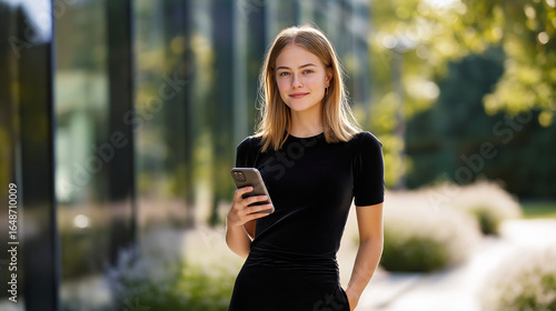 Jeune femme en extérieur avec smartphone