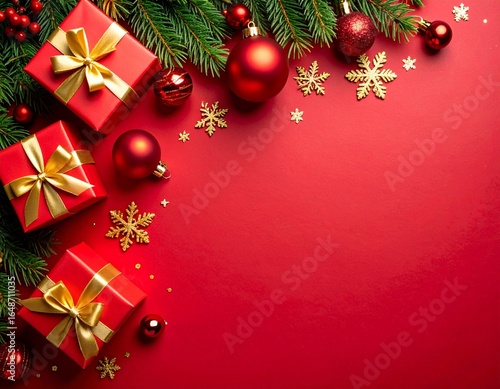 Flat lay Christmas background with red and gold ornaments, wrapped gift boxes with golden ribbons, glitter snowflake decoration, and pine branches on a red backdrop. Festive and elegant holiday compos