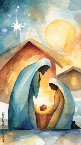 Watercolor nativity scene featuring baby Jesus, Mary, and Joseph under a starlit sky, evoking warmth and serenity in a peaceful setting