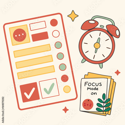 Study habit tracker sticker sheet with pomodoro timer and motivational elements featuring bold typography and vibrant cmyk colors