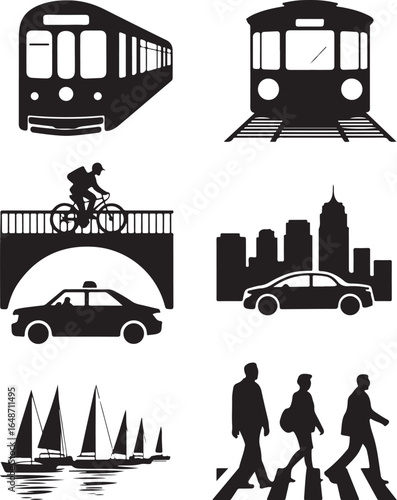 City transport icons featuring trains taxis and pedestrians