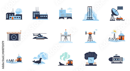 A collection of flat design icons for Arctic and Antarctic research stations, polar exploration, and winter science.