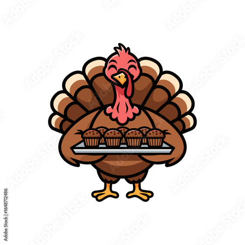 Cute Cartoon Turkey Character Holding a Tray of Freshly Baked Muffins