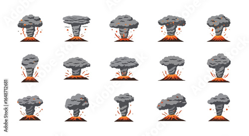 A collection of stylized cartoon volcano eruptions with gray smoke plumes, fiery lava, and exploding debris.