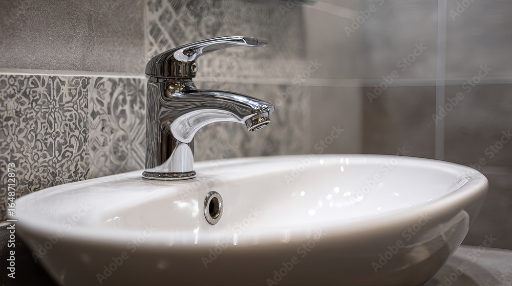 Fototapeta premium Stylish chrome faucet over a modern white sink in a contemporary bathroom setting.