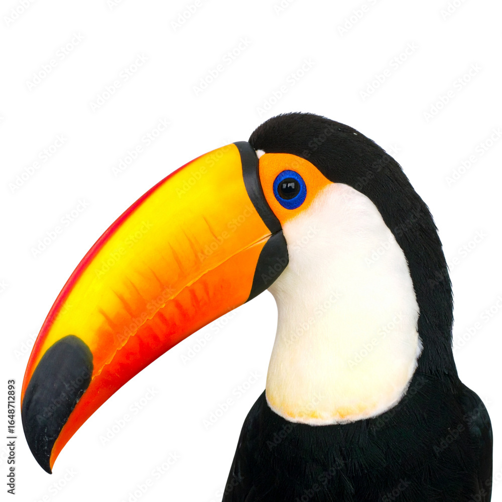 Obraz premium A colorful tropical toco toucan with a large yellow and orange beak is isolated on a white background