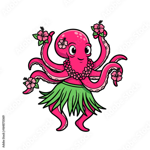 Cheerful Cartoon Pink Octopus Dancing Hula with Grass Skirt and Leis