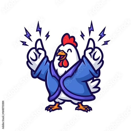 Energetic Cartoon Chicken Giving Double Thumbs Up with Electric Zaps