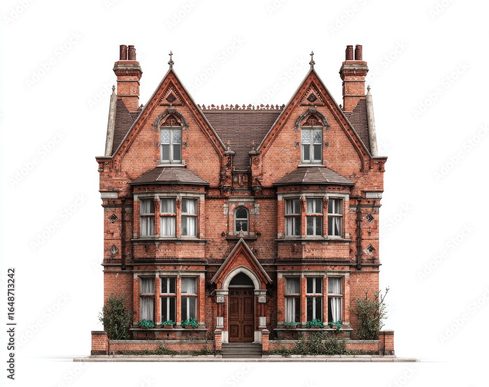 Fototapeta premium Front facade of a two-story, reddish-brown brick Victorian house, isolated