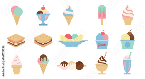 A colorful collection of various ice cream and frozen dessert illustrations in a flat vector style, including cones, sundaes, popsicles, gelato, and sandwiches.