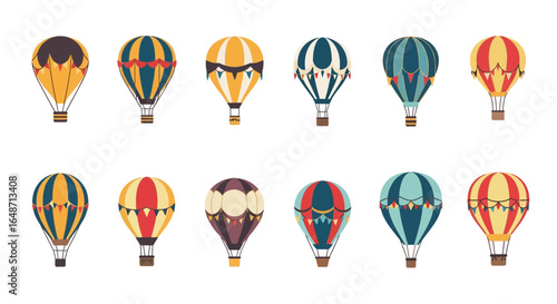 A colorful collection of vintage-style hot air balloons with various striped patterns and decorative pennants.