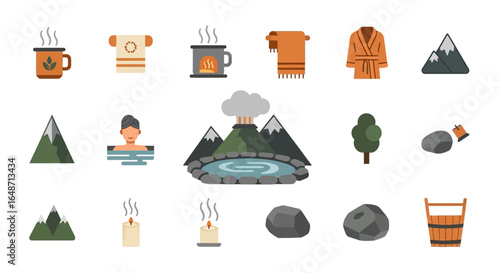 A colorful flat design icon set representing a Japanese onsen, spa, and wellness theme, including a volcano, hot spring, and relaxation items.