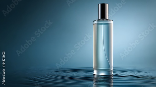 Clear glass perfume bottle on rippled water surface.