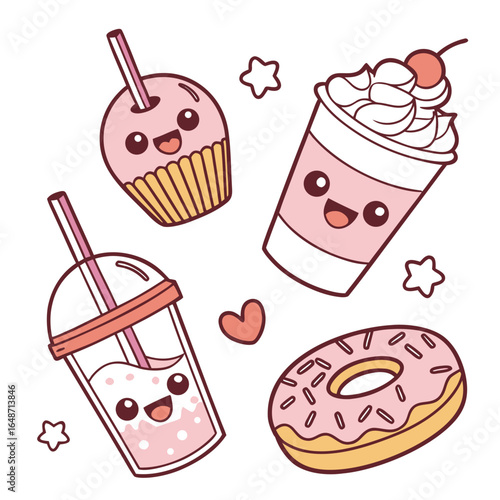 Cute bubble tea and dessert sticker set featuring a variety of sweet treats and beverages in a whimsical vector illustration style