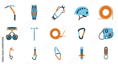 A colorful flat vector icon set of mountaineering and rock climbing equipment.