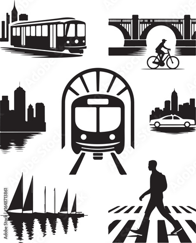 Dynamic urban transportation icons set for city lifestyle designs