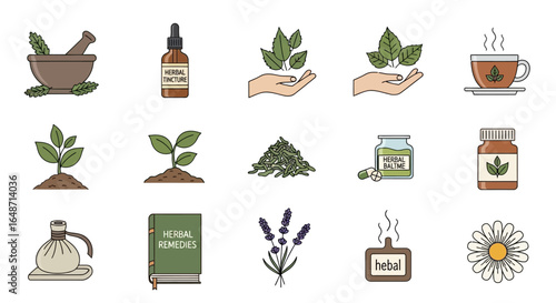A colorful set of line art icons representing herbal medicine, natural remedies, and alternative healing practices.