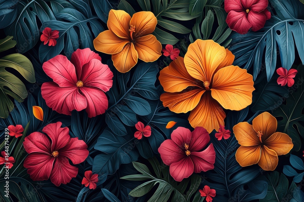 custom made wallpaper toronto digitalPatterned tropical foliage with vibrant orange and pink hibiscus flowers