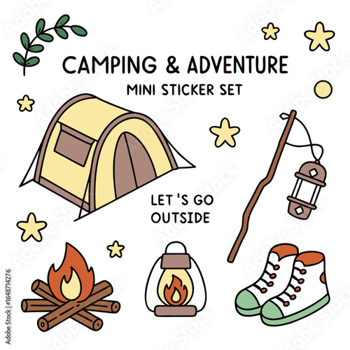 Mini sticker set featuring camping adventure elements including tents and a martian landscape illustration
