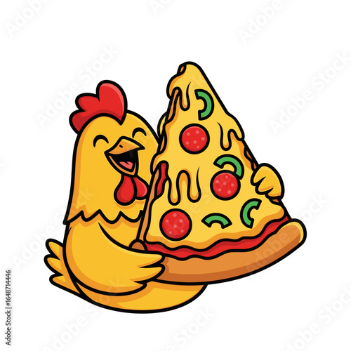 Cartoon Chicken Character Happily Holding a Large Slice of Pizza, Vector Illustration